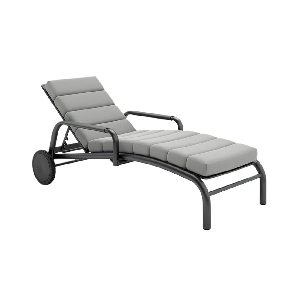 Modern Outdoor Lounge Chair with Gray Cushions and Wheels