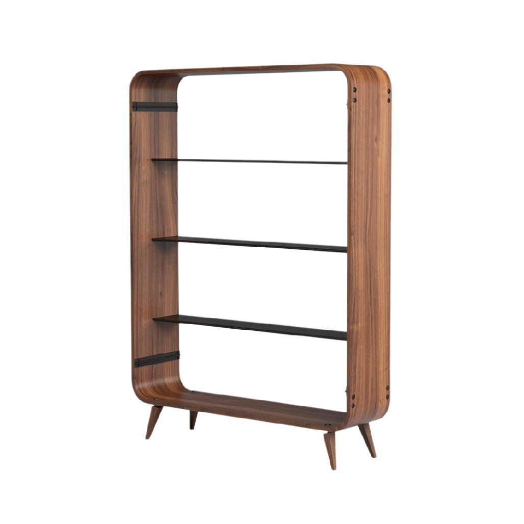 "Modern Wooden Bookshelf with Open Shelves"