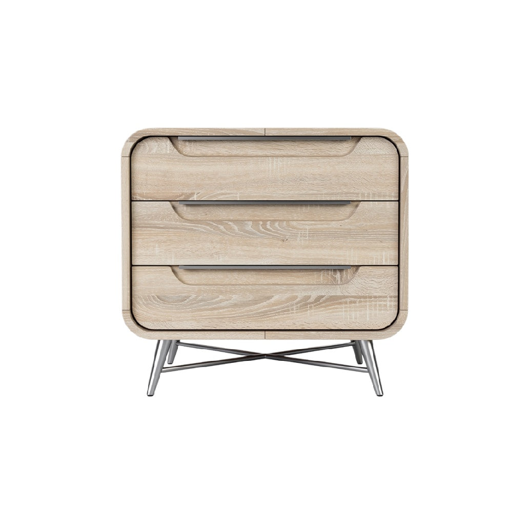 Modern Wooden Nightstand with Metal Legs and Rounded Design